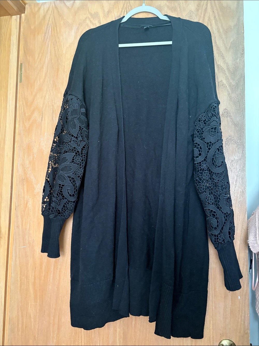 torrid Black Open-Front Cardigan with Crochet Lace Sleeves